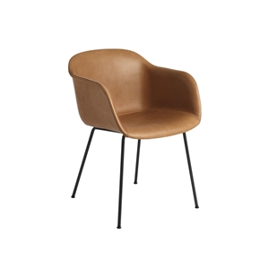 Muuto Fiber Dining Chair w. Armrests and Tube Base Leather Upholstered Cognac/Black