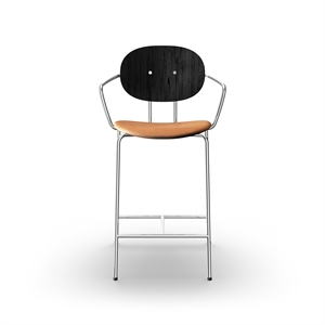 Sibast Furniture Piet Hein Barstool Chrome with Armrests Black Oak and Cognac Leather
