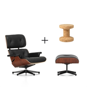 Vitra Eames Armchair Santos Rosewood/ Black Leather With Ottoman + Cork Family Stool Model B