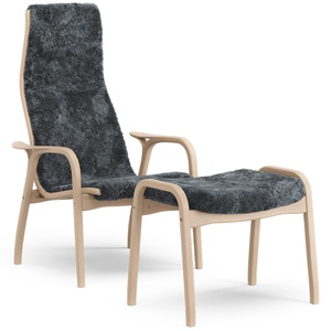 Swedese Lamino Armchair With Footstool High Lacquered Beech Oak/Charcoal/Sheepskin