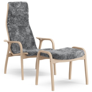 Swedese Lamino Armchair With Footstool High Lacquered Beech Oak/Scandinavian Grey/Sheepskin