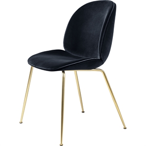 GUBI Beetle Dining Table Chair Upholstered Conic Base Brass Semi Matt/ Velvet 420 Sapphire Blue