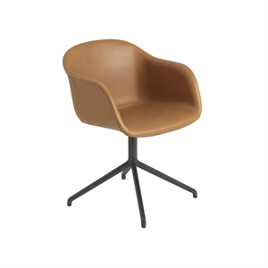 Muuto Fiber Dining Chair w. Armrests & Swivel Base Leather Upholstered Cognac/Black