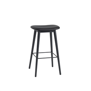 Muuto Fiber Bar Stool M. Wood Base Leather Upholstered Black/ Black H76 cm