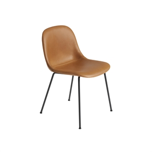 Muuto Fiber Dining Chair w. Tube Base Leather Upholstered Cognac/Black